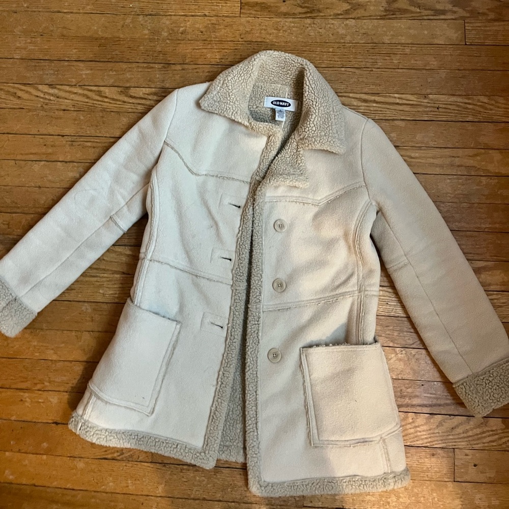 Old Navy Vintage Y2K Faux Sherpa Tan Khaki Shearling Button Up Jacket